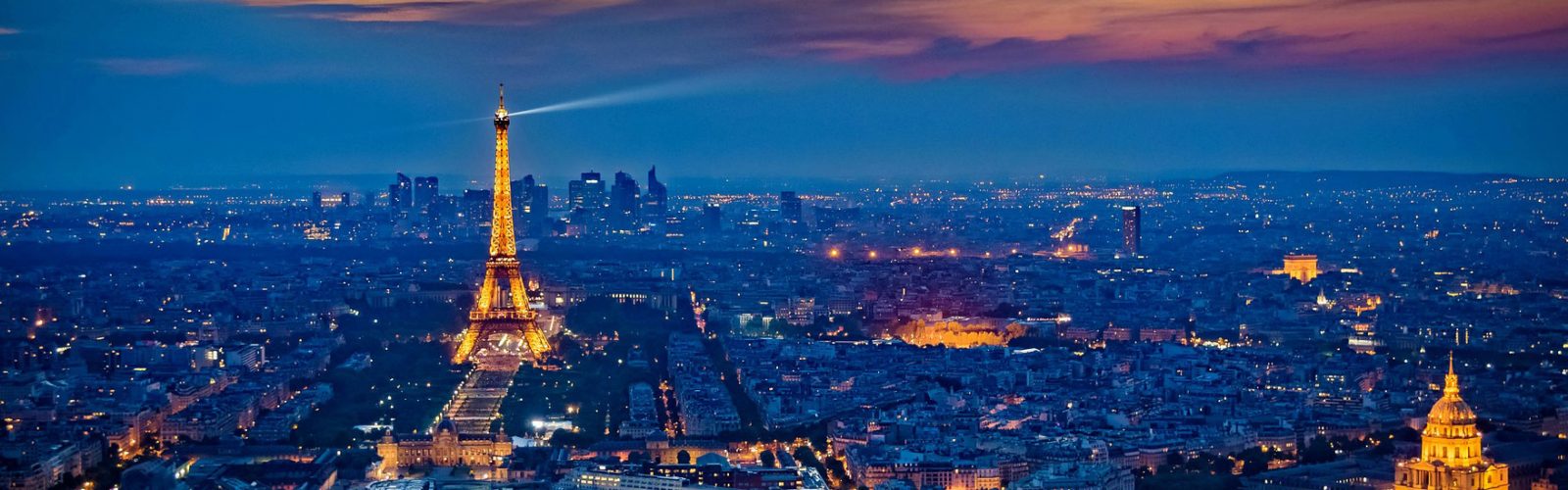 Aerial view of Paris, France, at night.