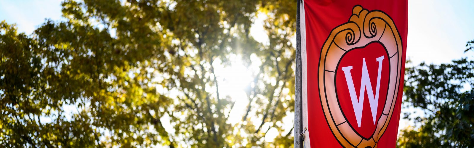 A W crest banner flutters in the wind on Bascom Hill at the University of Wisconsin-Madison during autumn on Oct. 18, 2019. (Photo by Jeff Miller /UW-Madison)