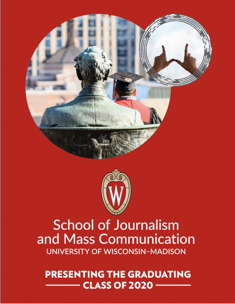 Front cover of program showing student sitting in Abe Lincoln's lap on Bascom Hill, "W" fingers and the J-School logo