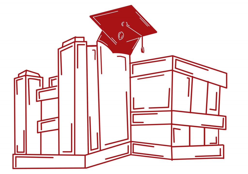 Illustration of Vilas Hall with a grad cap on top