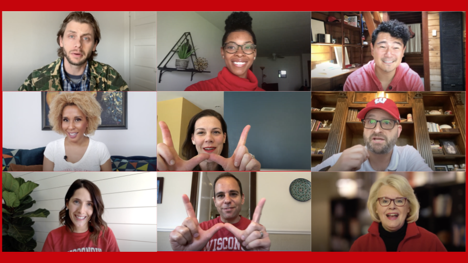 Slide showing screen shots of nine alumni giving their video messages