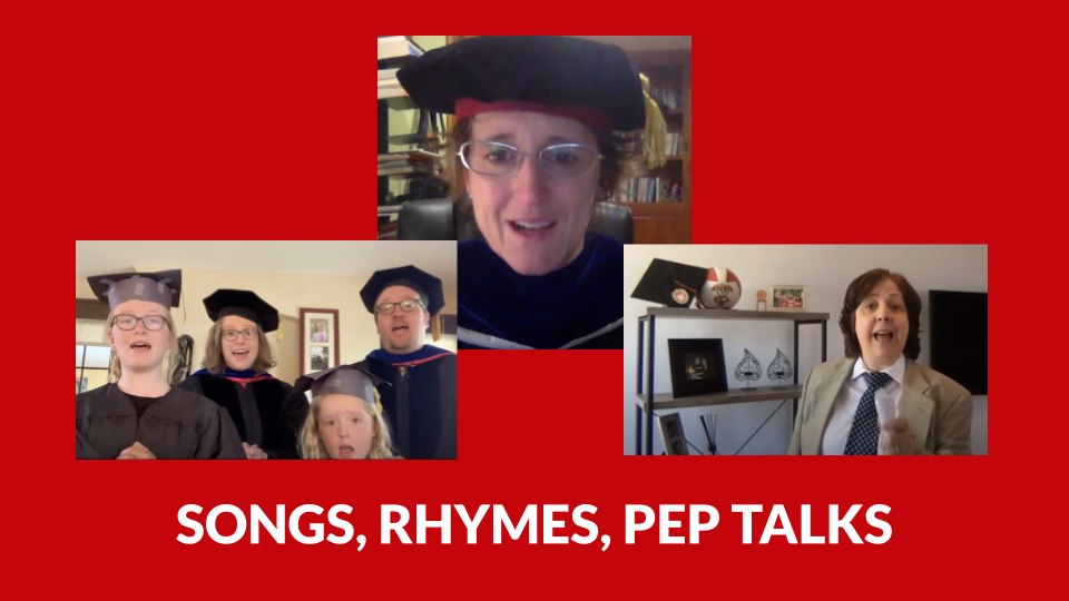 Slide showing screenshots from fun faculty videos with text "songs, rhymes, pep talks"
