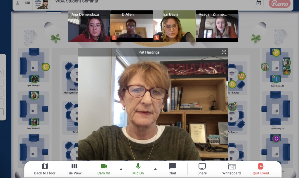 Screenshot of a virtual meeting platform featuring Pat Hastings and several SJMC students and alums.