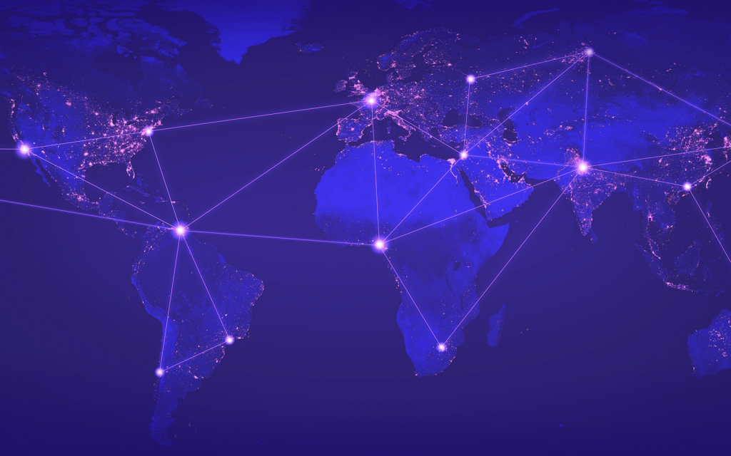 A world map showing connections between major cities.