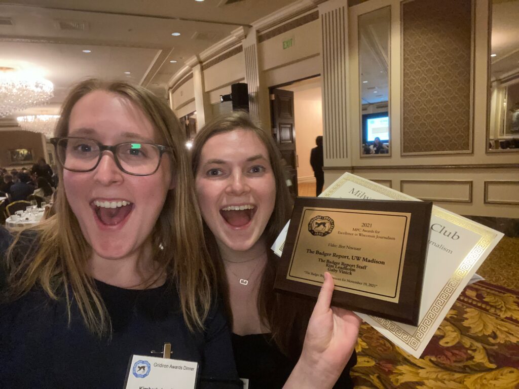 Kim Leadholm (left) and Gaby Vinick posing with their plaque for their MPC award.