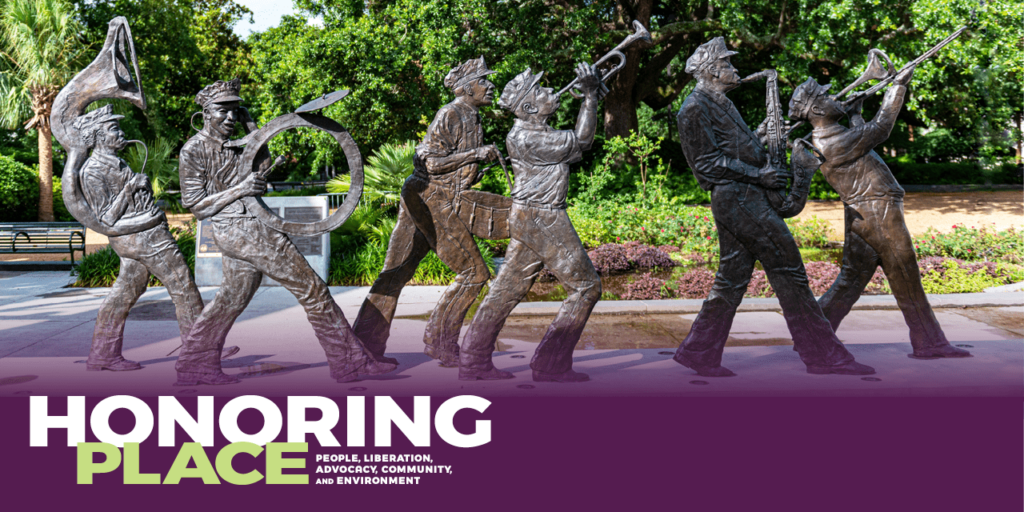 statue of jazz musicians with the title of the NCA's conference