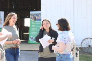 Students chat with a reporter