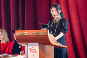 Professor Young Mie Kim gives her acceptance speech at the Phi Beta Kappa Awards Ceremony.