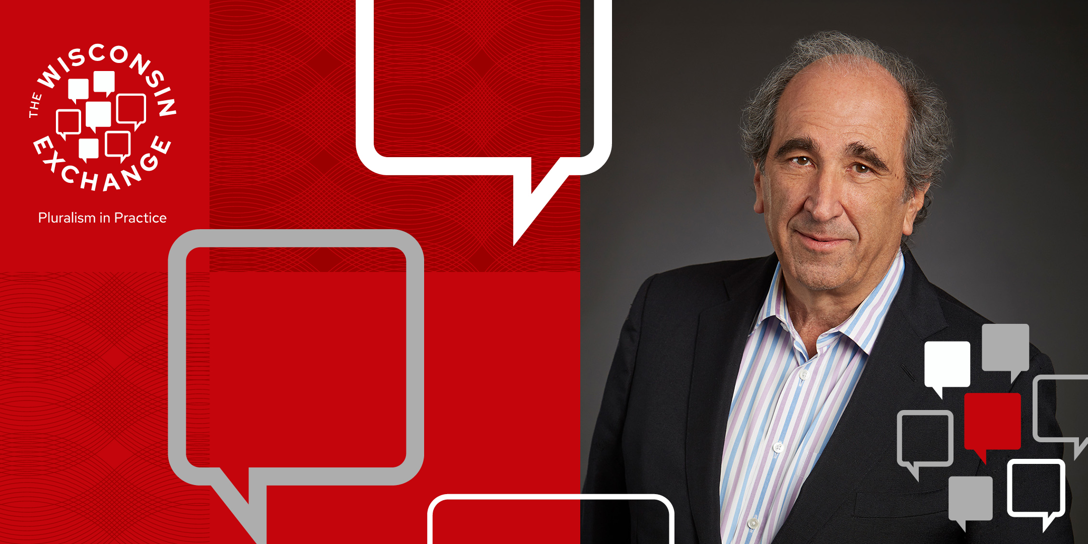 Event banner featuring a keynote speaker alongside The Wisconsin Exchange branding, highlighting dialogue, pluralism, and civic engagement in practice.