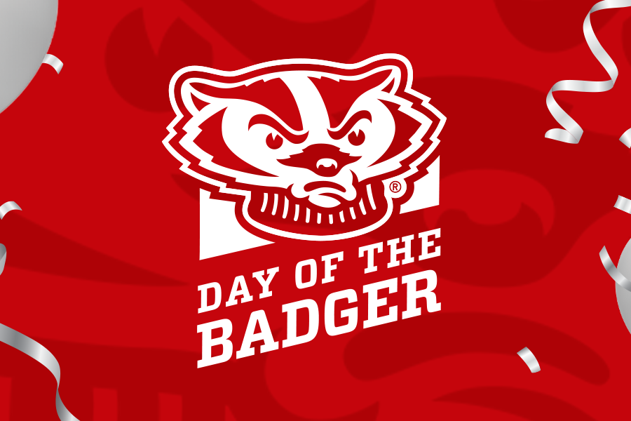 Day of the Badger logo on a red background with sliver balloons and ribbons cascading down the side of the image