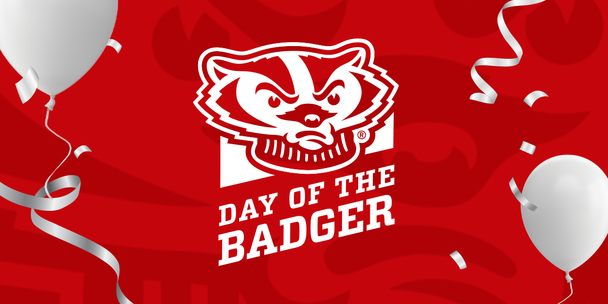 Day of the Badger logo on a red background with sliver balloons and ribbons cascading down the side of the image