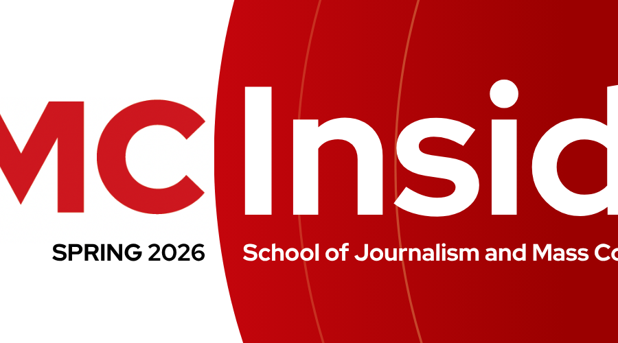 SJMC Insider Spring 2026 banner featuring the School of Journalism and Mass Communication name in large white and red text on a red and light gray background with curved graphic elements.