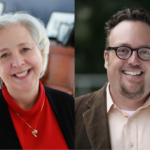 A split image with a woman with white hair wearing a red sweater with a black cardigan over it on the left and a man with glasses wearing a light peach button up shirt with a brown blazer.