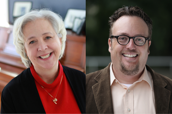 A split image with a woman with white hair wearing a red sweater with a black cardigan over it on the left and a man with glasses wearing a light peach button up shirt with a brown blazer.
