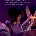 Book cover for The Blackish Press: Content, Ownership, and Audience of Digital Black News Outlets by Miya Williams Fayne. Against a deep purple background, a young Black woman works on a laptop while colorful, flowing ribbons and digital icons emerge from the screen, symbolizing innovation, media and technology. The book title appears at the top, with the author's name at the bottom, framed by pink circular graphic elements.
