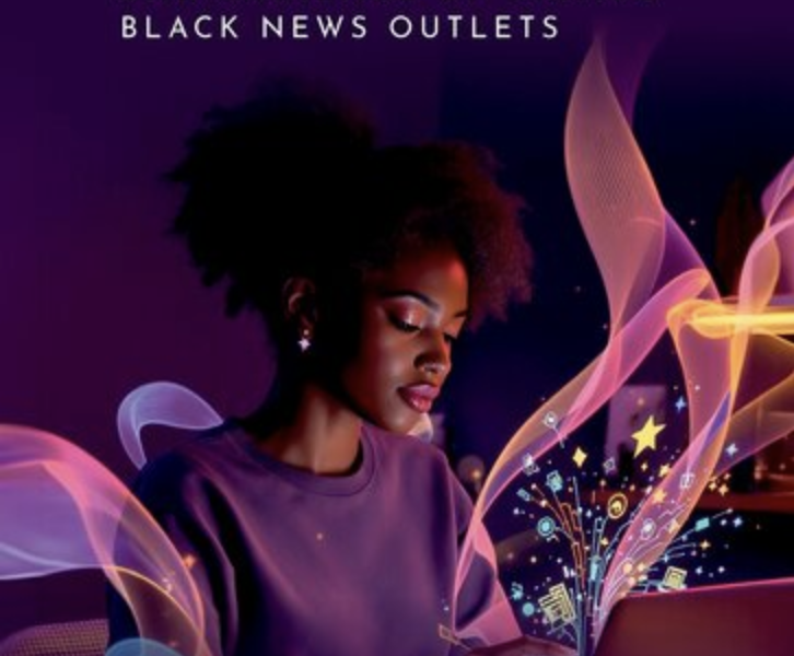 Book cover for The Blackish Press: Content, Ownership, and Audience of Digital Black News Outlets by Miya Williams Fayne. Against a deep purple background, a young Black woman works on a laptop while colorful, flowing ribbons and digital icons emerge from the screen, symbolizing innovation, media and technology. The book title appears at the top, with the author's name at the bottom, framed by pink circular graphic elements.