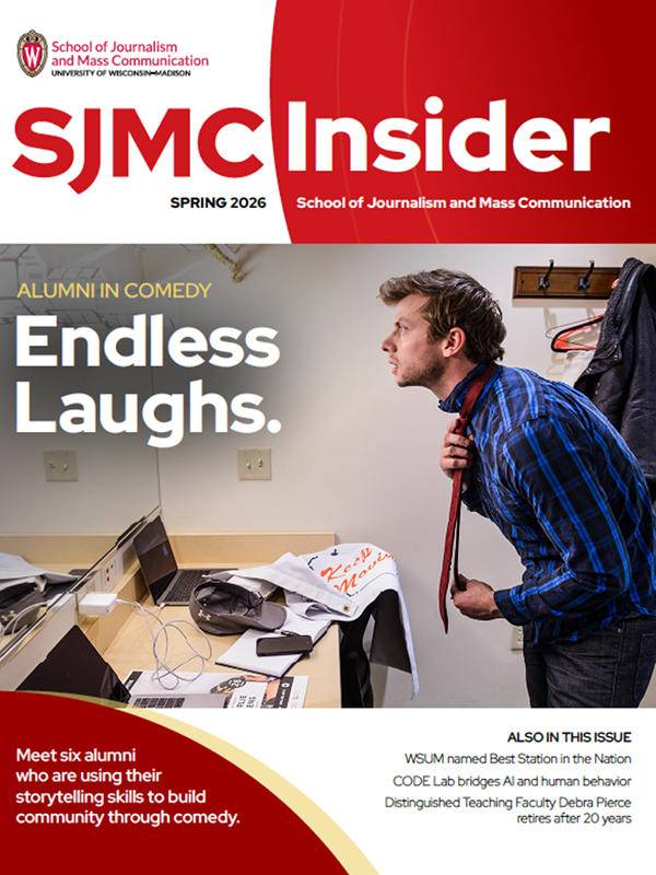 The cover of a magazine titled "SJMC Insider" with an image of a man fastening his tie in a mirror. The cover includes previews of articles inside the magazine